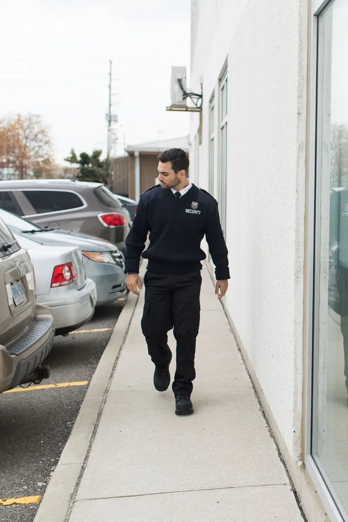A SWAT security guard on foot patrol